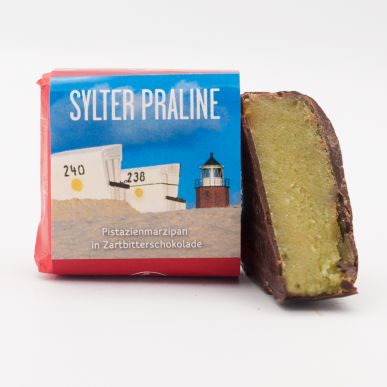 Sylter Praline: Pistazienmarzipan in Zartbitterschokolade