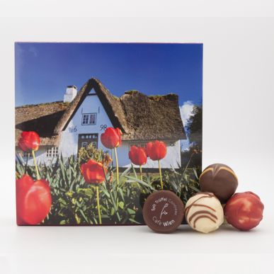 Fotokarton Friesenhaus und Tulpen mit 9 Trüffeln 